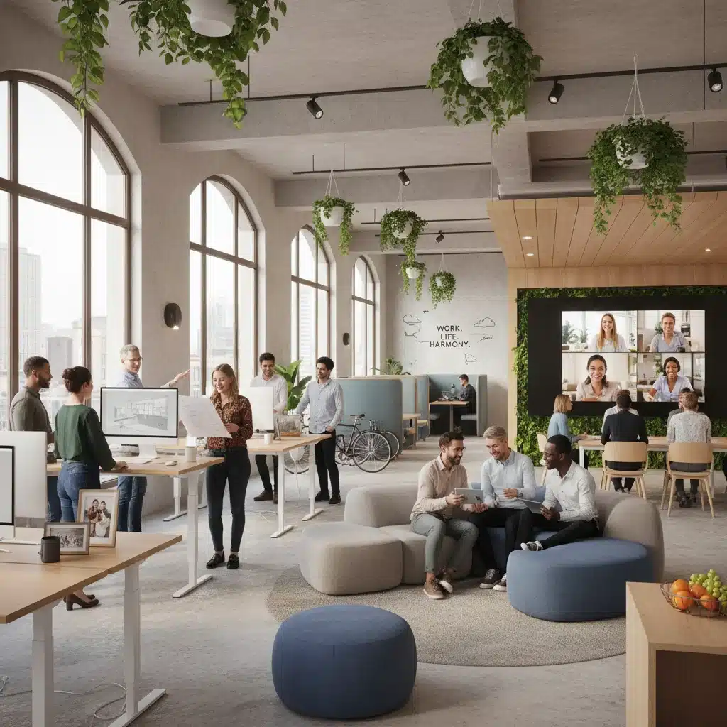 Entorno de oficina moderno y flexible con empleados colaborando, simbolizando soluciones innovadoras para la conciliación laboral.