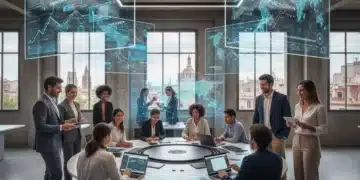 Profesionales diversos colaborando en un entorno tecnológico moderno en España, con gráficos digitales en pantallas, representando el talento digital y la innovación.