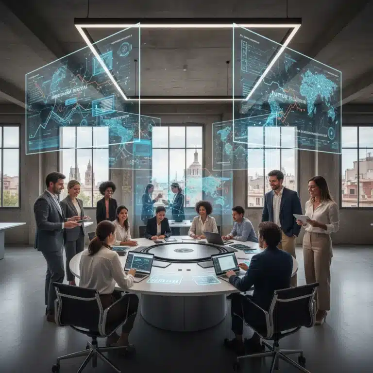 Profesionales diversos colaborando en un entorno tecnológico moderno en España, con gráficos digitales en pantallas, representando el talento digital y la innovación.