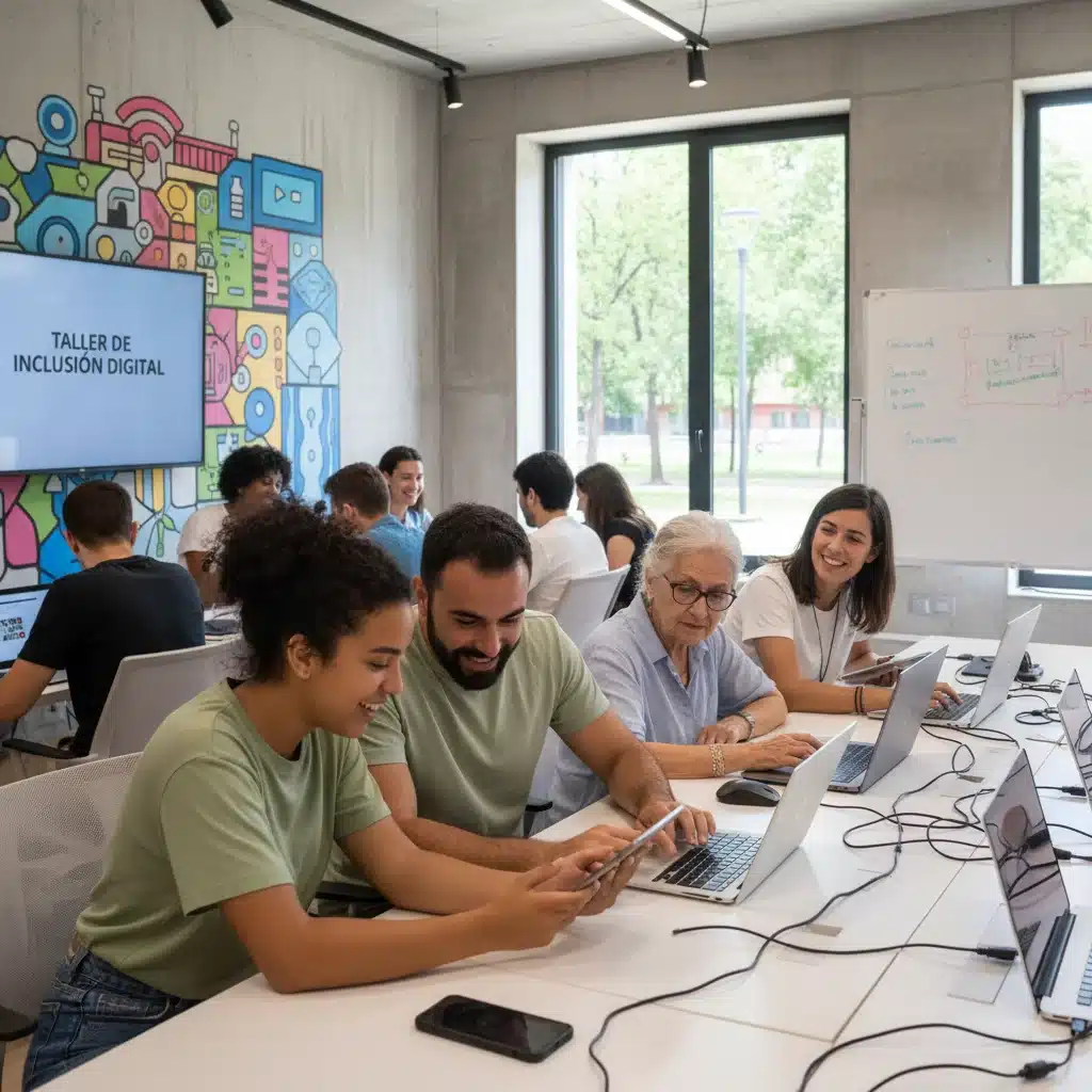 Taller de alfabetización digital en un centro comunitario español, con participantes de todas las edades.