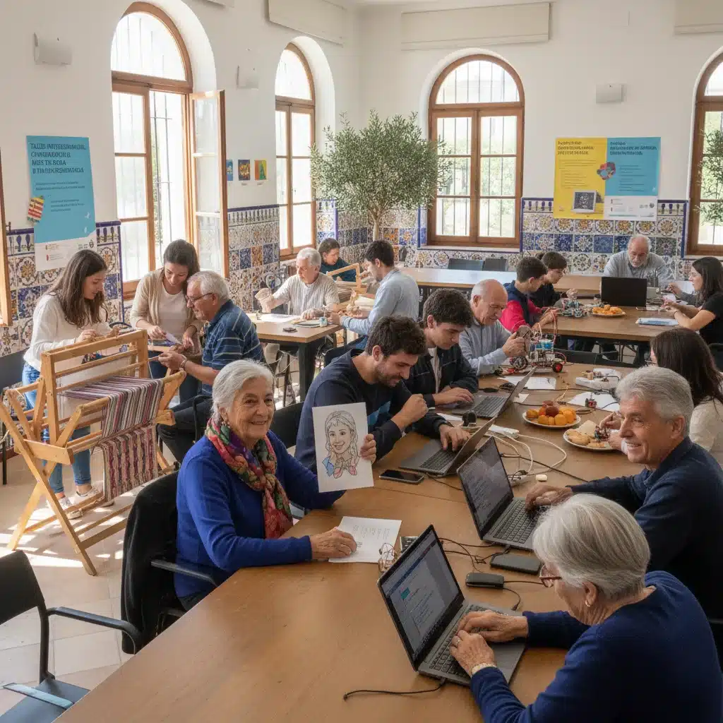 Jóvenes y mayores compartiendo conocimientos en un taller intergeneracional, promoviendo la cohesión social.