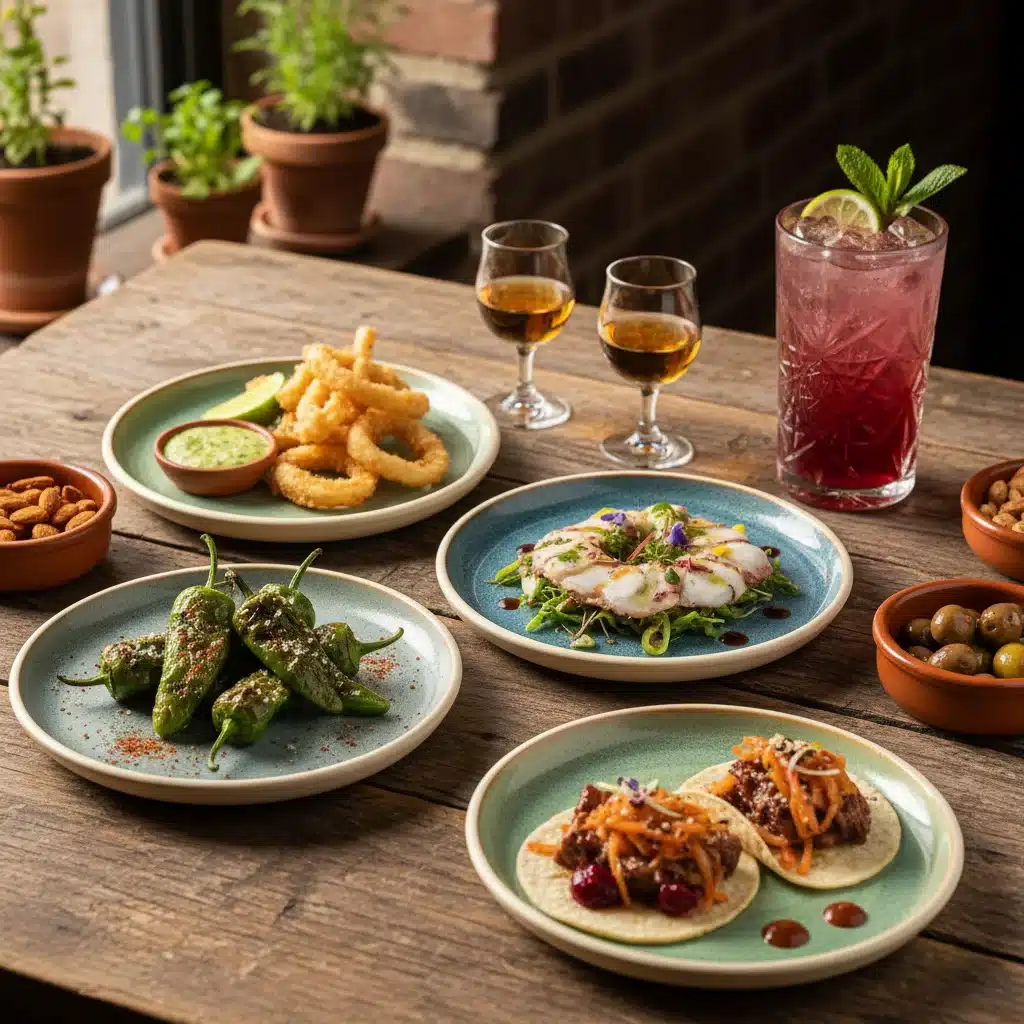 Variedad de tapas españolas modernas y tradicionales en una mesa rústica