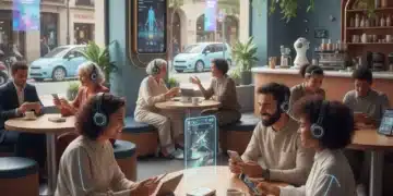 Personas en una cafetería interactuando con dispositivos móviles, simbolizando conexión y desconexión en 2026.