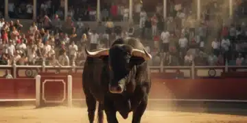 Toro bravo en el centro de una plaza de toros, simbolizando el futuro de la tauromaquia en 2026.