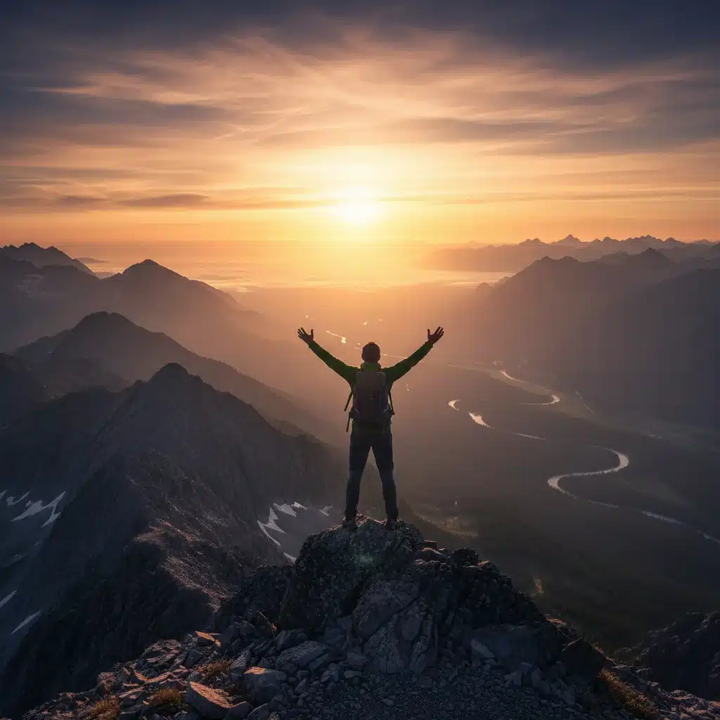 Silueta de una persona en la cima de una montaña al amanecer, mirando hacia un futuro prometedor y simbolizando el triunfo personal.