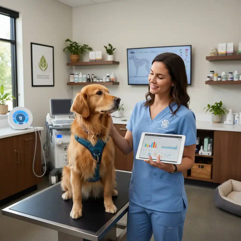 Veterinario examinando un perro con herramientas tecnológicas en una clínica moderna