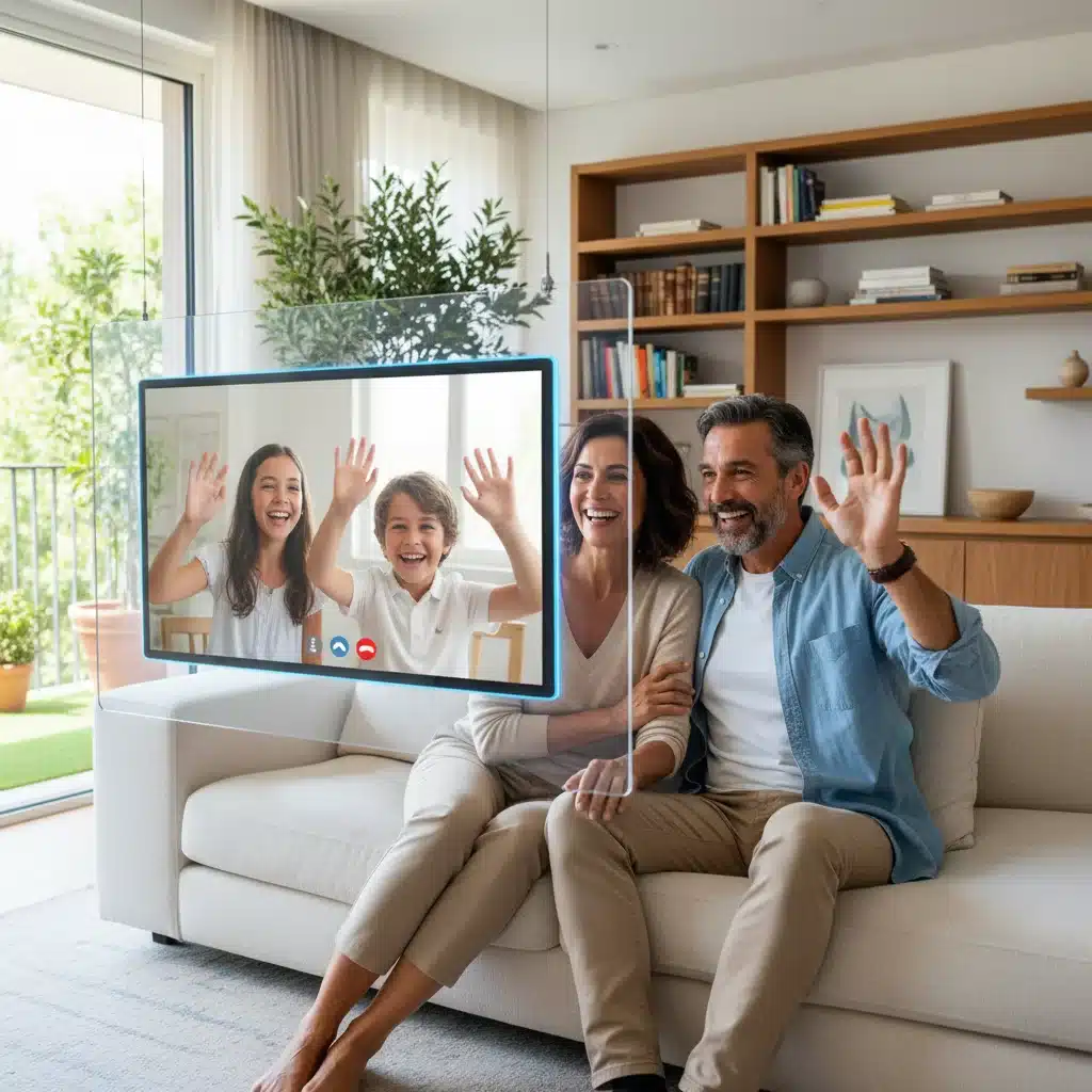 María y Carlos disfrutando de una videollamada familiar, superando la distancia.