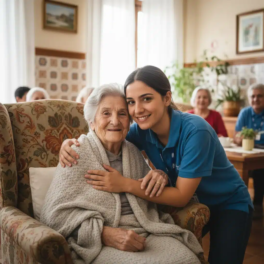 Anciana en residencia recibiendo un cálido abrazo de joven voluntaria, mostrando conexión intergeneracional y apoyo emocional.