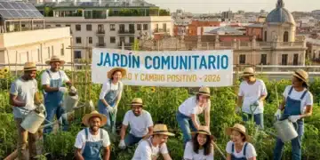 Grupo diverso de voluntarios sonriendo y trabajando en un jardín comunitario en España, simbolizando unidad y cambio social positivo.