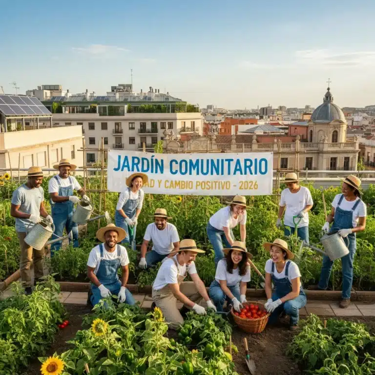 Grupo diverso de voluntarios sonriendo y trabajando en un jardín comunitario en España, simbolizando unidad y cambio social positivo.
