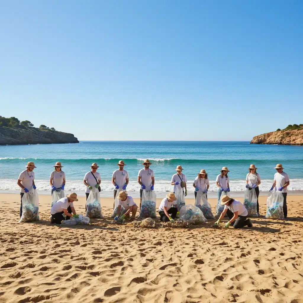 Grupo de voluntarios limpiando una playa española, recogiendo residuos plásticos, con mar azul de fondo, destacando protección ambiental.