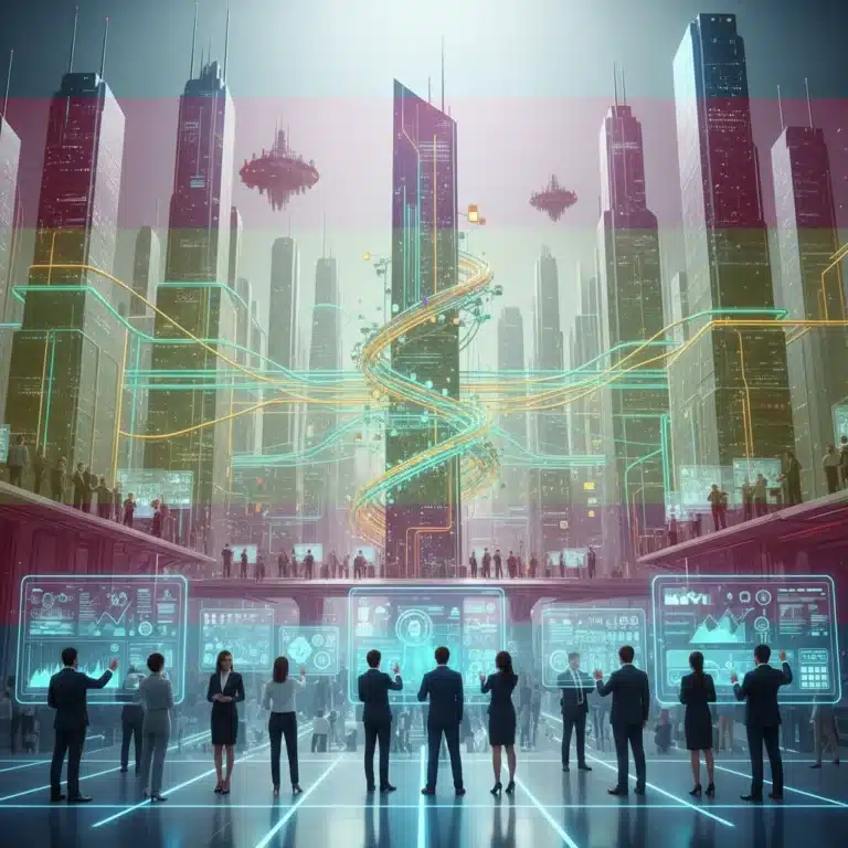 Visión futurista de la Web3 en España con empresas innovadoras y tecnología blockchain.