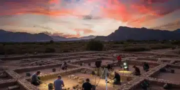 Descubrimientos Arqueológicos España 2026: Tesoros Recientes que Reconfiguran la Historia Vista panorámica de un yacimiento arqueológico en España al atardecer, con arqueólogos trabajando en una estructura antigua recién descubierta.