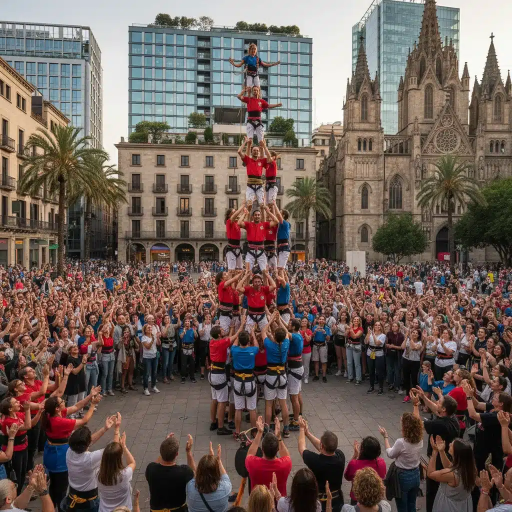 Castell moderno en plaza urbana, mostrando diversidad y seguridad en una fiesta tradicional catalana.