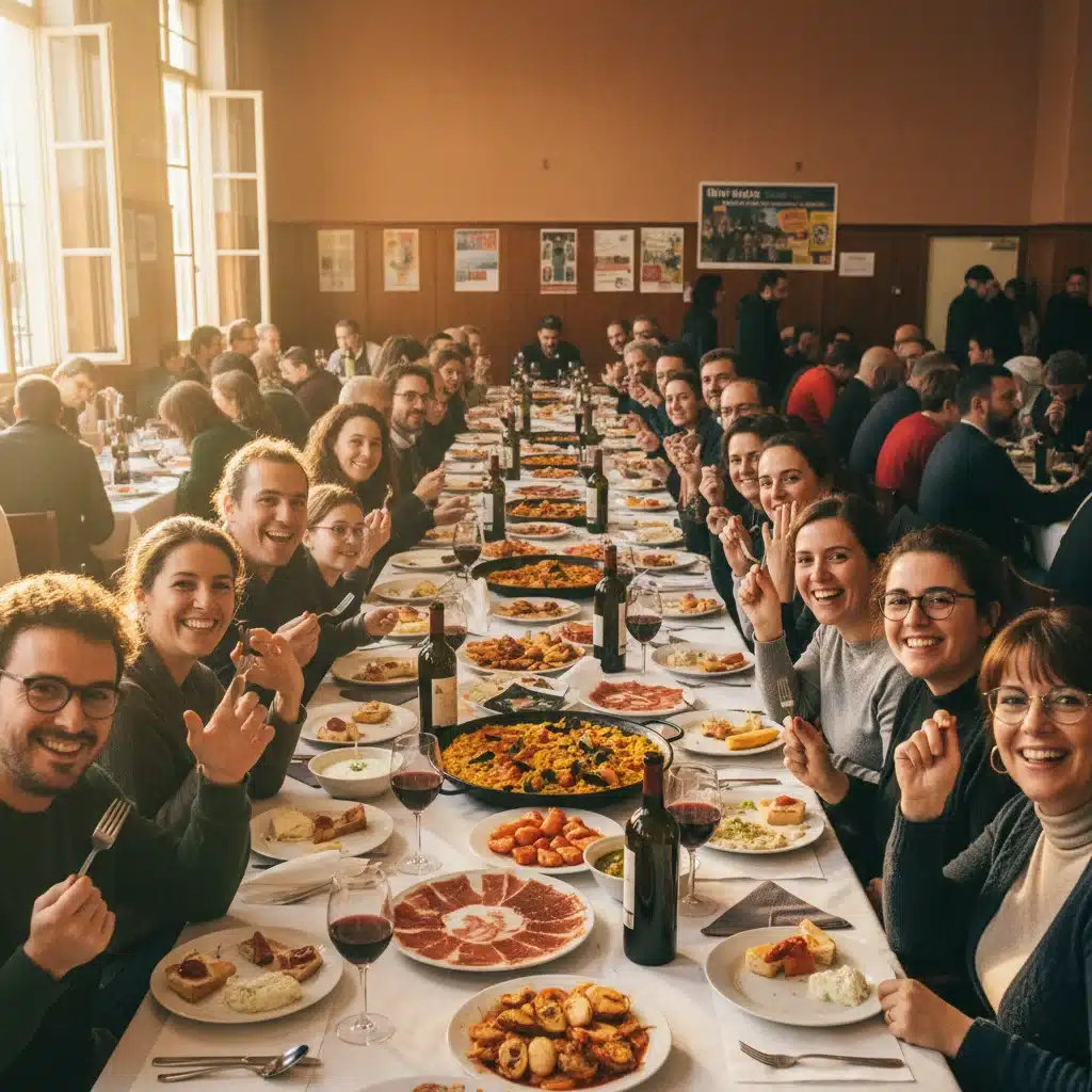 Escena animada en un centro comunitario con personas compartiendo comida y conversación, reflejando la alegría de las experiencias compartidas.