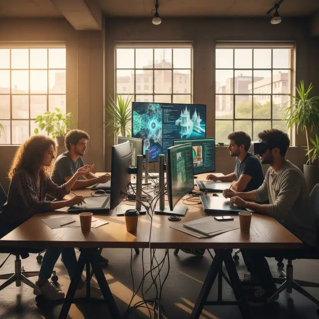 Jóvenes creadores españoles colaborando en un espacio de co-working, inmersos en el arte digital y la innovación tecnológica.