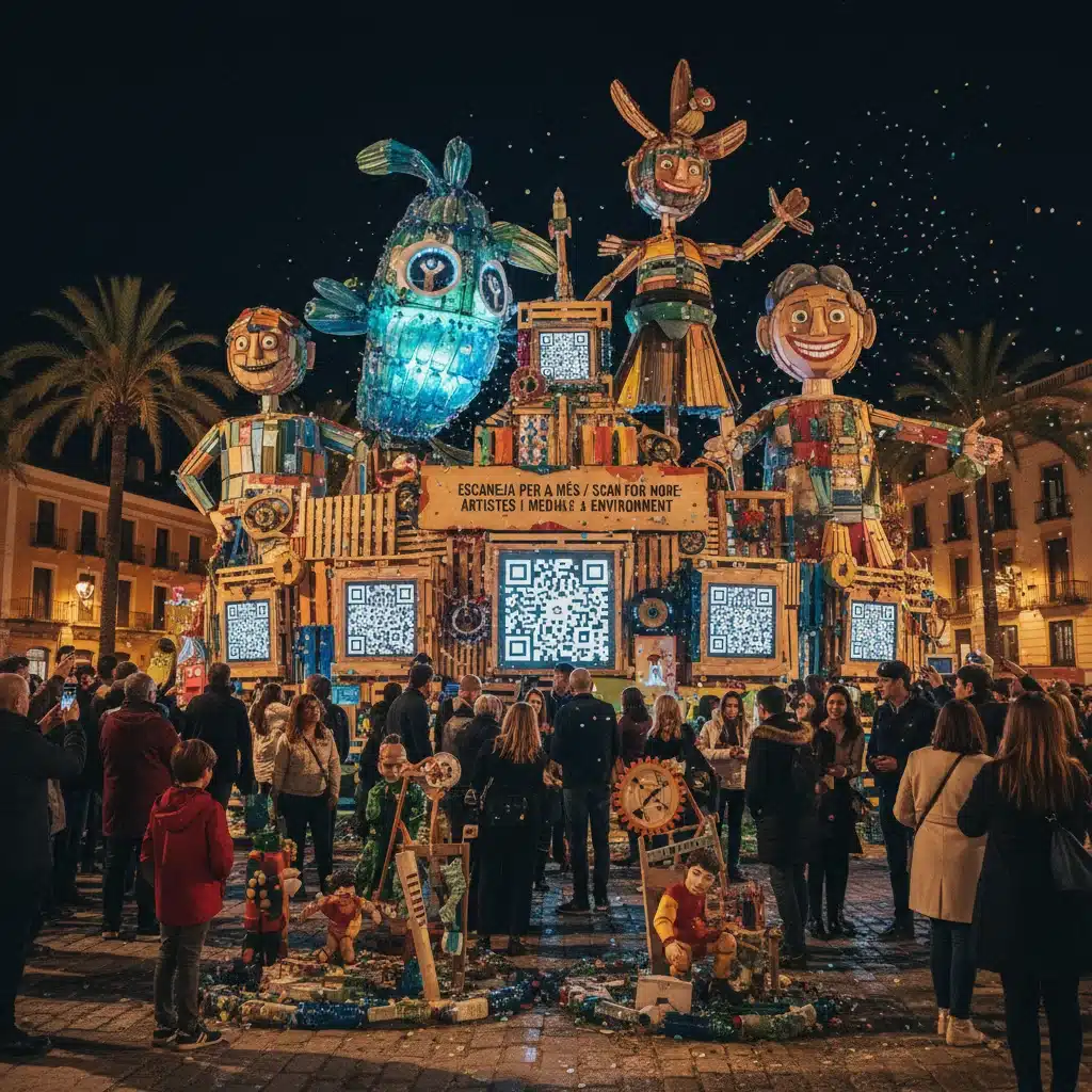 Falla valenciana sostenible e interactiva, con ninots reciclados y códigos QR en un ambiente nocturno.