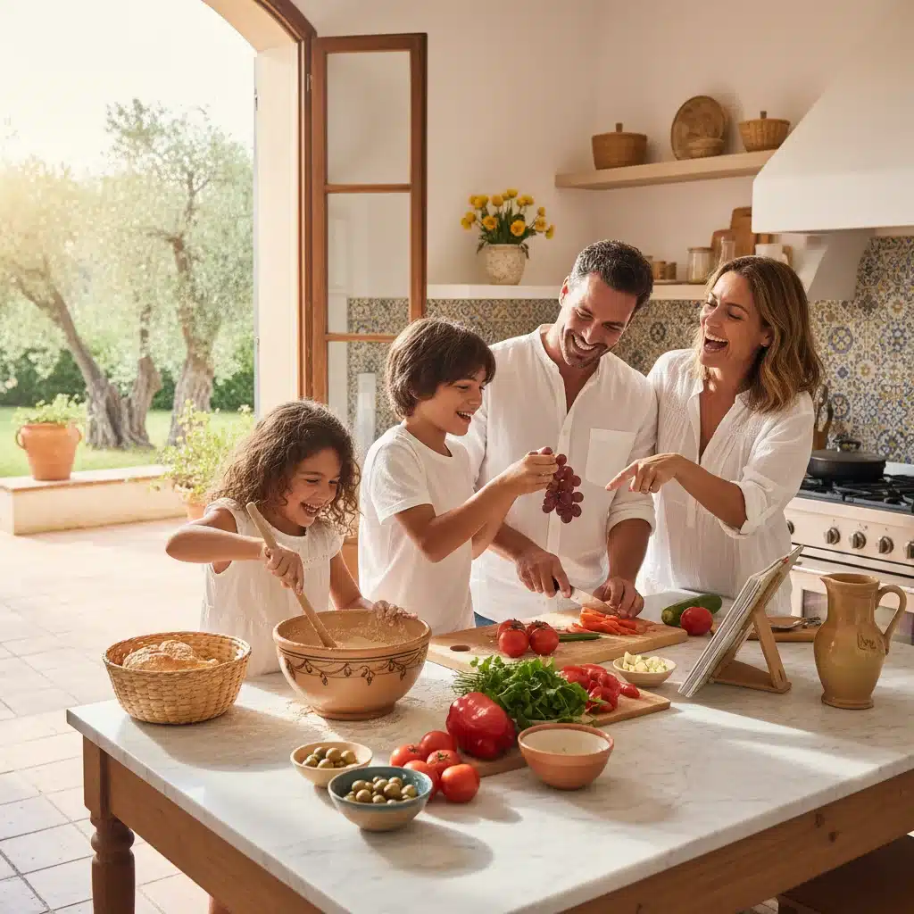 Familia cocinando y riendo juntos en una cocina española, disfrutando de tiempo de calidad sin pantallas.