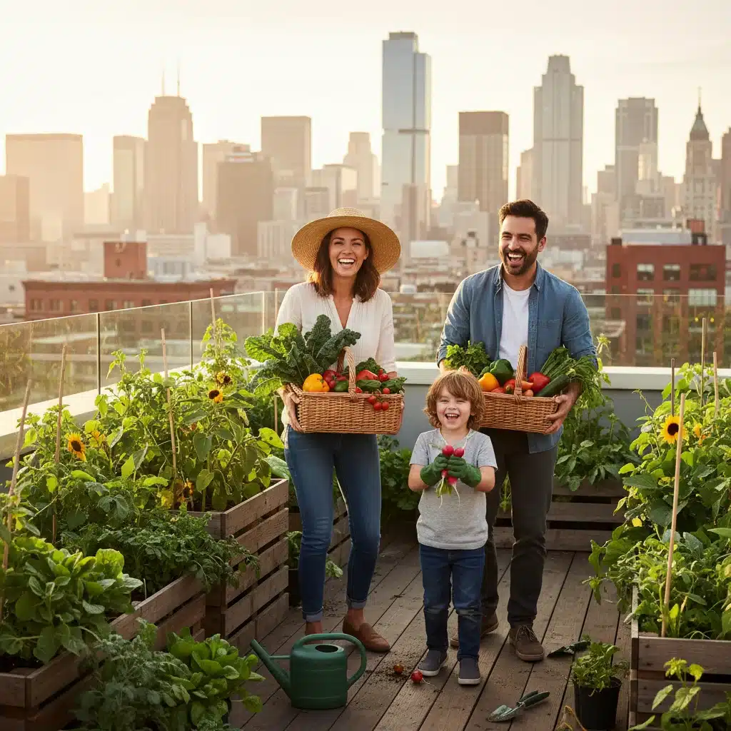 Familia cosechando vegetales frescos de su huerto urbano en la azotea, con la ciudad de fondo.