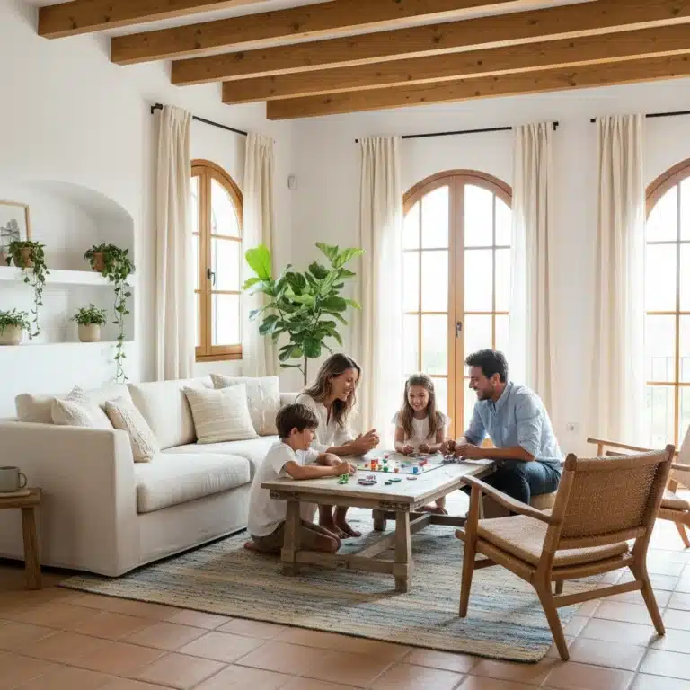 Familia disfrutando de un juego de mesa en un salón moderno y tranquilo, sin dispositivos digitales a la vista, en un hogar español.