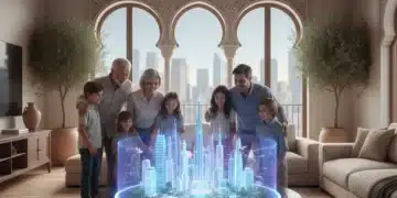 Familia española multigeneracional adaptándose a la tecnología futurista en 2026