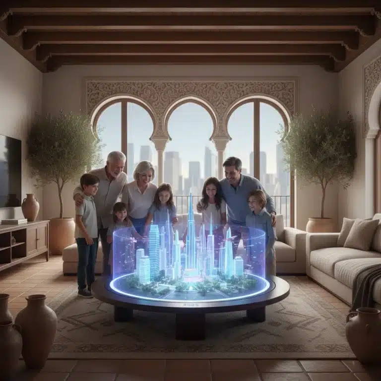 Familia española multigeneracional adaptándose a la tecnología futurista en 2026