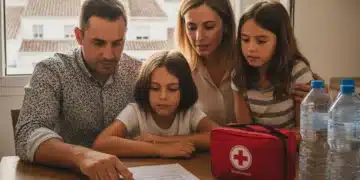 Familia española revisando su plan de emergencia doméstico en la cocina.