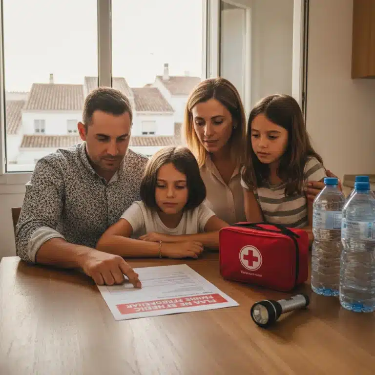 Familia española revisando su plan de emergencia doméstico en la cocina.