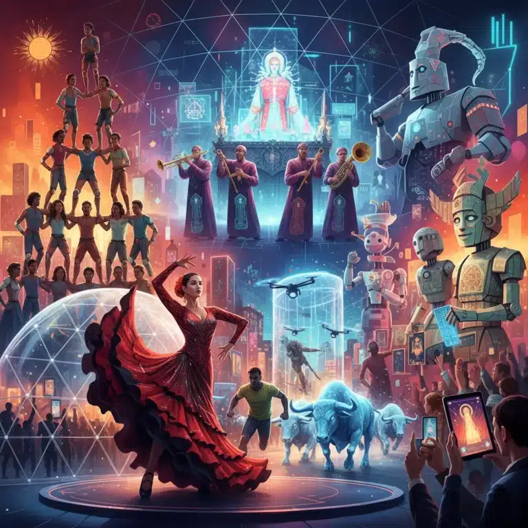 Mosaico vibrante de fiestas nacionales españolas adaptadas al futuro, con elementos tradicionales y modernos.