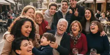 Grupo diverso de españoles sonriendo y compartiendo en un ambiente social al aire libre, simbolizando conexión y nuevas amistades.