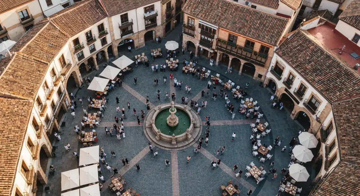 Vista aérea de una plaza española en festival, con patrones geométricos de adoquines y personas congregadas, celebrando la rica cultura y gastronomía tradicional.