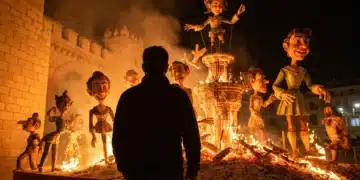El Latido Digital de España: Cómo la Tradición Abraza el Mañana Una persona observando una falla valenciana ardiendo con humo y brasas, contrastando con la arquitectura histórica y la luz dramática, simbolizando la tradición española reinventada.