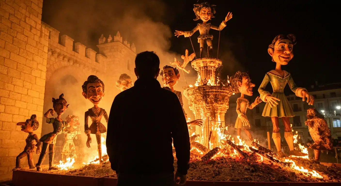 Una persona observando una falla valenciana ardiendo con humo y brasas, contrastando con la arquitectura histórica y la luz dramática, simbolizando la tradición española reinventada.