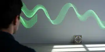 Raíces y Redes: La Cultura Española en la Encrucijada Digital Una persona observa una proyección digital estilizada de patrones de mantones de Manila españoles, fusionando tradición y tecnología en un entorno minimalista. La imagen resalta la cultura española en la era digital.