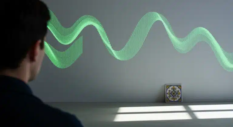 Una persona observa una proyección digital estilizada de patrones de mantones de Manila españoles, fusionando tradición y tecnología en un entorno minimalista. La imagen resalta la cultura española en la era digital.