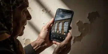 Una anciana española con pañuelo, sosteniendo un smartphone. La pantalla del teléfono muestra un reflejo de un monumento histórico español, fusionando tradición y tecnología en la vida cotidiana.