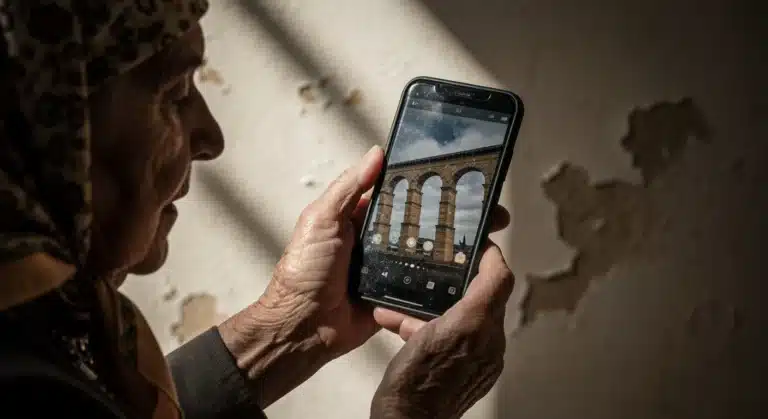 Una anciana española con pañuelo, sosteniendo un smartphone. La pantalla del teléfono muestra un reflejo de un monumento histórico español, fusionando tradición y tecnología en la vida cotidiana.
