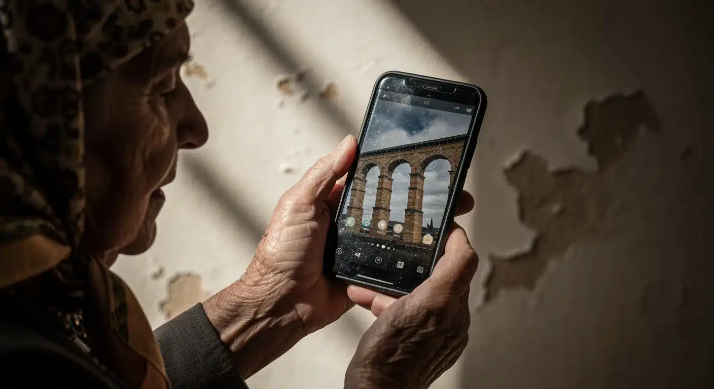 Una anciana española con pañuelo, sosteniendo un smartphone. La pantalla del teléfono muestra un reflejo de un monumento histórico español, fusionando tradición y tecnología en la vida cotidiana.