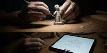 Manos de un artesano fallero modelando un ninot de arcilla, con una tableta mostrando un diseño digital de falla en el fondo, simbolizando la conexión entre tradición y tecnología en la cultura española.