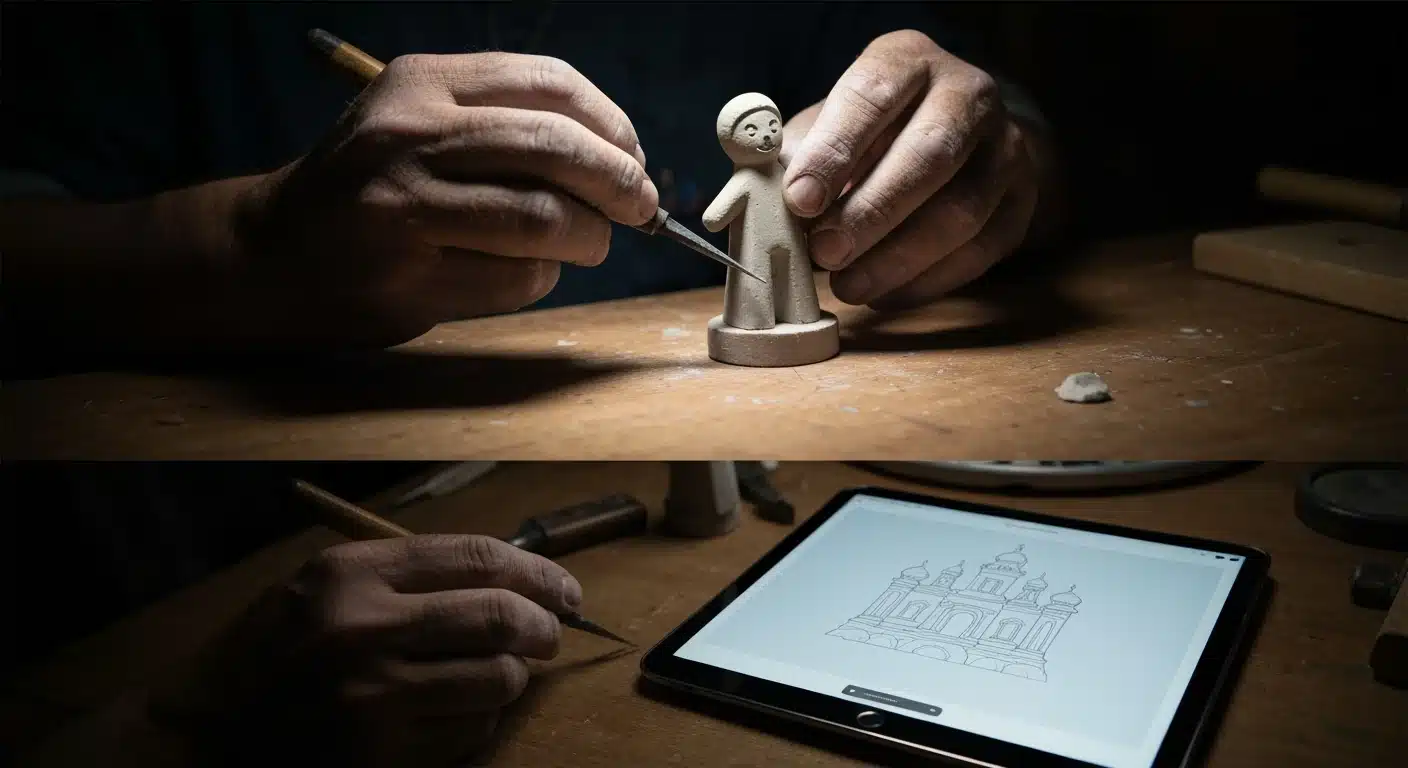 Manos de un artesano fallero modelando un ninot de arcilla, con una tableta mostrando un diseño digital de falla en el fondo, simbolizando la conexión entre tradición y tecnología en la cultura española.