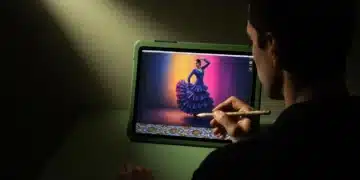 Una artista digital pintando un flamenco en una tableta, con luz de claroscuro resaltando el arte y el entorno verde, simbolizando la fusión de cultura española y tecnología.