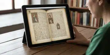 Mujer explorando un manuscrito medieval español digitalizado en una tableta, simbolizando la digitalización del patrimonio cultural y el acceso global al arte y la historia de España en la era digital.