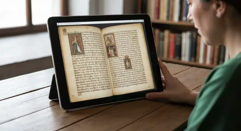 Mujer explorando un manuscrito medieval español digitalizado en una tableta, simbolizando la digitalización del patrimonio cultural y el acceso global al arte y la historia de España en la era digital.