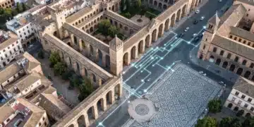 Vista aérea de una ciudad española donde las ruinas romanas y los patrones árabes se fusionan con un overlay digital de circuitos, simbolizando la evolución cultural en la era digital.