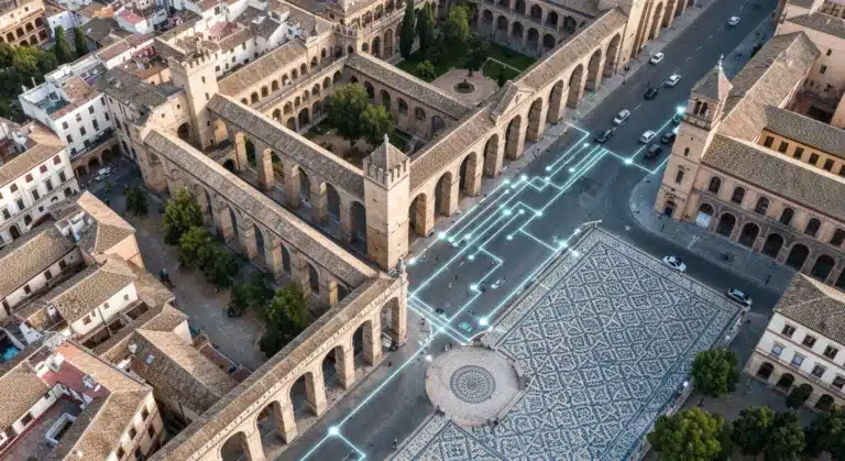 Vista aérea de una ciudad española donde las ruinas romanas y los patrones árabes se fusionan con un overlay digital de circuitos, simbolizando la evolución cultural en la era digital.