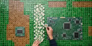 La Huella Digital de España: Tradición VIVA en el Siglo XXI Fotografía aérea de azulejos españoles tradicionales verdes que se fusionan con un circuito de placa base moderno, simbolizando la cultura española en la era digital.