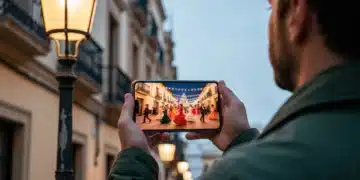 Una persona vista de espaldas sostiene un smartphone mostrando un festival español en vivo, con una calle histórica española de fondo borroso.