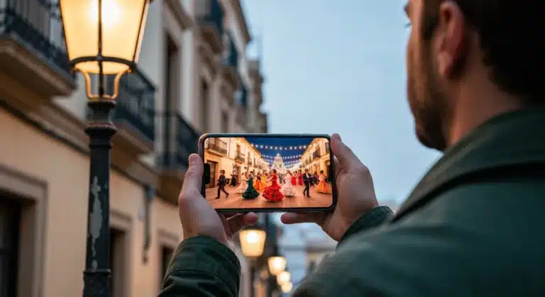Una persona vista de espaldas sostiene un smartphone mostrando un festival español en vivo, con una calle histórica española de fondo borroso.
