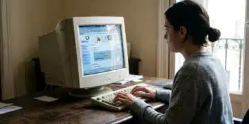 Una persona interactuando con un ordenador antiguo, mostrando la lenta adopción de internet en España a finales del siglo XX.