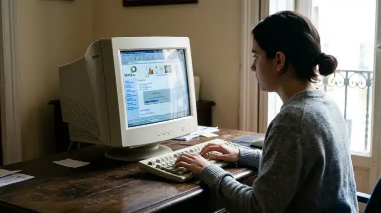 Una persona interactuando con un ordenador antiguo, mostrando la lenta adopción de internet en España a finales del siglo XX.